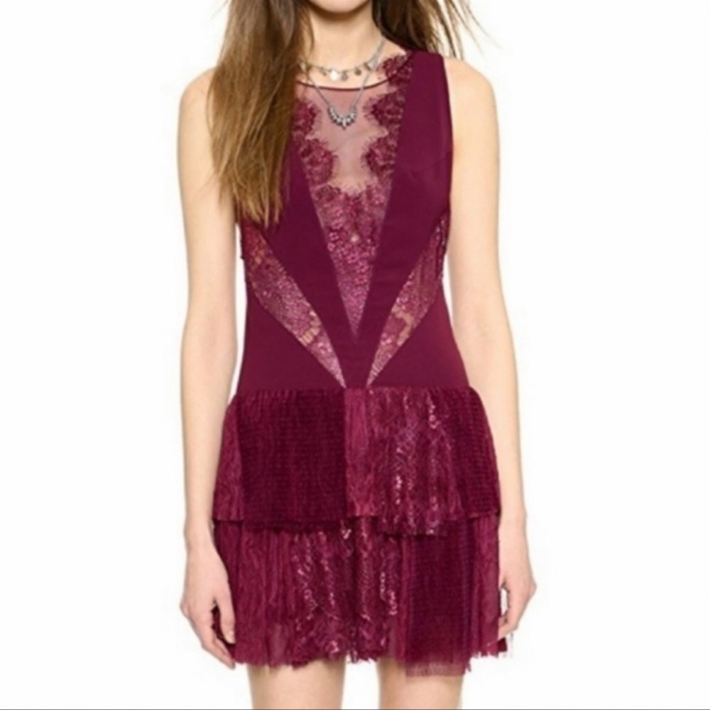 NWOT Free People wine colored tiered lace dress in size S!